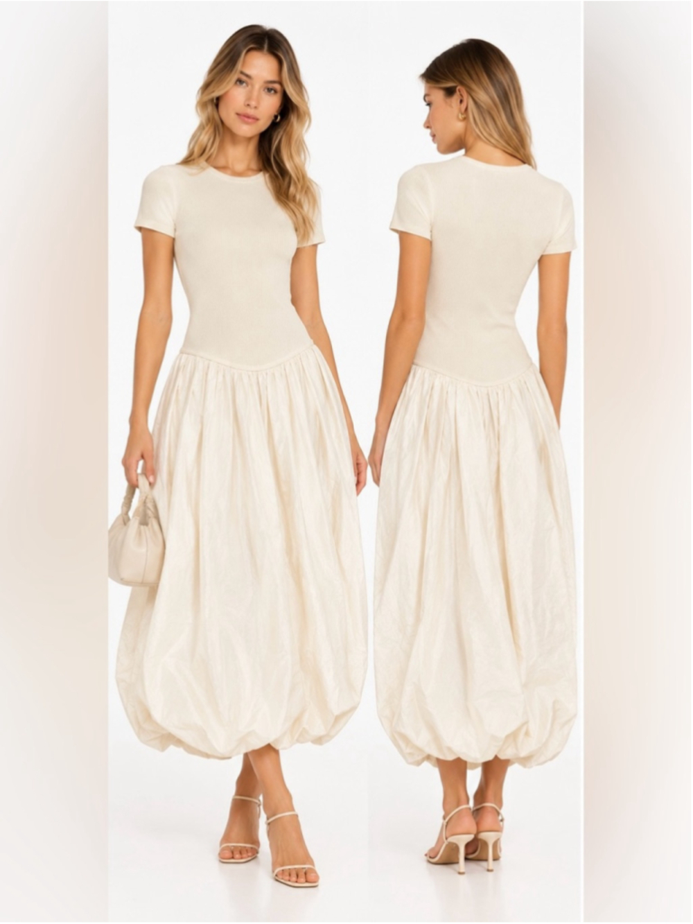 Zara Cream Ribbed Knit Poplin Bubble Hem Midi Maxi Dress Drop Waist S
